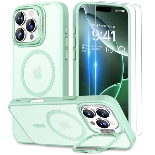 Beeasy für iPhone 16 Pro Hülle mit Ständer, Handyhülle mit 2 Stück Schutzfolie, Magnetische Stoßfest Schutzhülle für iPhone 16 Pro Case 6,3 Zoll, Durchscheinend Matt Grün von Beeasy