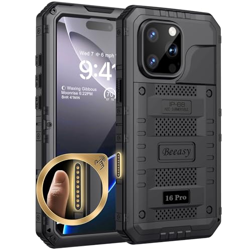 Beeasy für iPhone 16 Pro Wasserdicht Metall Hülle, Outdoor Panzerhülle Stoßfest Staubdicht Schutzhülle mit Displayschutz, Robust Heavy Duty Militär Handyhülle iPhone 16 Pro Case 6,3", Schwarz von Beeasy