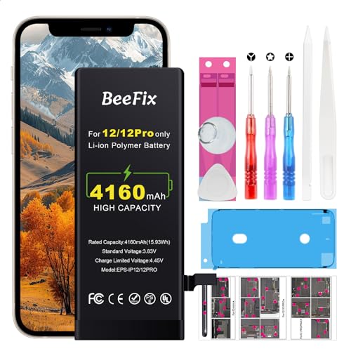 Beefix Akku für iPhone 12 Pro: Hohe Kapazität 4160mAh Li-Ion Ersatzakku für iPhone 12/12 Pro mit Professionellen Reparaturwerkzeugen Ersatzbatterie Kompatibel mit Modell A2172, A2403, A2341, A2407 von Beefix