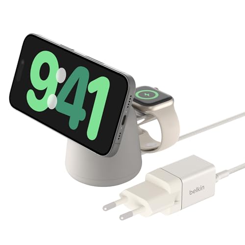 Belkin BoostCharge Pro kabellose 2-in-1-Ladestation mit MagSafe (15 W), MagSafe Ladegerät, kompatibel mit iPhone der Serien 16, 15, 14, 13, 12, AirPods und Anderen MagSafe-fähigen Geräten von Belkin