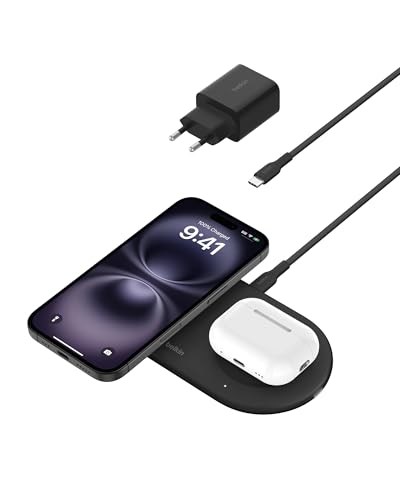 Belkin BoostCharge Pro kabellose 2-in-1-Ladestation mit magnetischem Qi2, 15W, Schnellladegerät, Wireless Charger kompatibel mit iPhone 16/15/14/13/12, AirPods und MagSafe-fähigen Geräten – Schwarz Belkin BoostCharge Pro kabellose 2-in-1-Ladestation mit magnetischem Qi2, 15W, Schnellladegerät, Wireless Charger kompatibel mit iPhone 16/15/14/13/12, AirPods und MagSafe-fähigen Geräten – Schwarz von Belkin