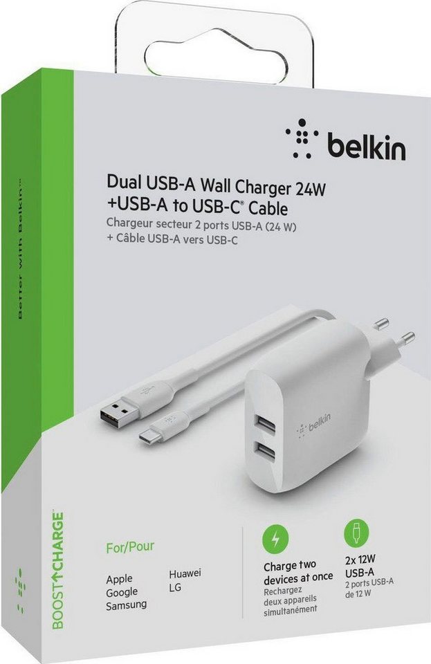 Belkin Dual USB-A Ladegerät incl. USB-C Kabel 1m, 24W USB-Ladegerät von Belkin