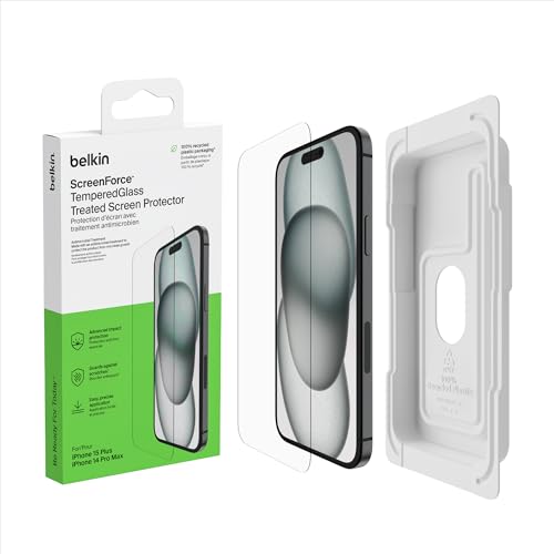 Belkin ScreenForce TemperedGlass antimikrobielle Display-Schutzfolie, Schutzglas für iPhone 15 Plus/14 Pro Max, dünn, kristallklar, kratzfest, Positionierungsschale für eine blasenfreie Applikation von Belkin