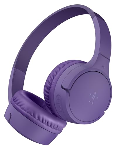 Belkin SoundForm Mini kabelloser Kinderkopfhörer mit integriertem Mikrofon und lustigen Aufklebern, 30 Std. Wiedergabe – Over-Ear-Kopfhörer für Unterricht, Ferien, iPhone, iPad, Galaxy – Lila von Belkin