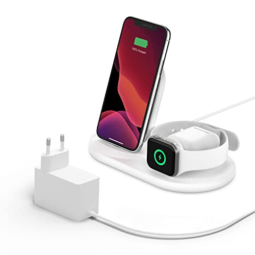 Belkin drahtloses 3-in-1 Ladegerät (kabellose 7,5-W-Ladestation für iPhone, Apple Watch und AirPods) – kabelloses Ladedock, drahtlose iPhone Ladestation, Apple Watch Ladeständer – Weiß von Belkin