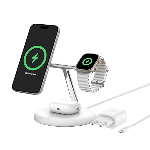 Belkin kabellose 3-in-1-Ladestation mit magnetischem, MagSafe-kompatiblem Qi2, 15 W, Wireless Charger, kompatibel mit den iPhone-Serien 16, 15, 14, 13, AirPods, Apple Watch, inkl. Netzteil – Weiß von Belkin