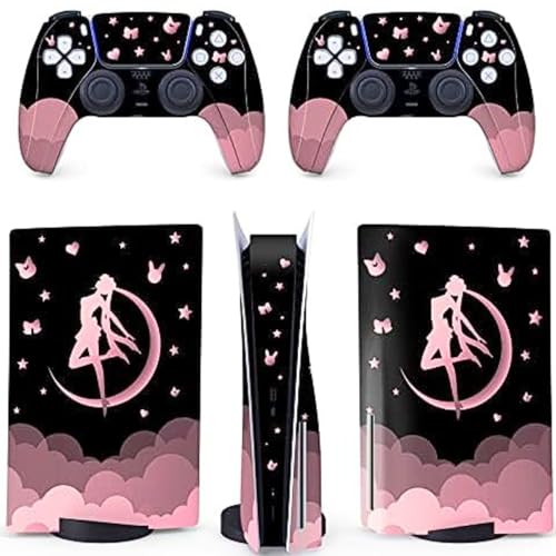 BelugaDesign Mond Skin PS5 | Anime Magical Girl Wolkensterne | Niedliches Kawaii-Vinyl-Cover – kompatibel mit Sony Playstation 5 (PS5 Disc, rosa Black) von BelugaDesign