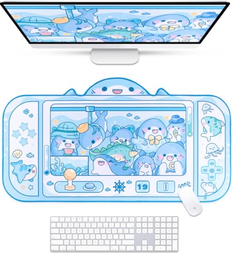 BelugaDesign Shark Schreibtischunterlage | Kawaii süße Anime Tastatur Gaming PC Laptop Maus große Mousepad Matte | Maschinenwaschbarer Schreibtischunterlageschutz in Pastellrosa-Blau von BelugaDesign