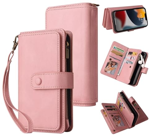 Belzsxy Handyhülle für Samsung Galaxy A36 Hülle,Flip Case Lederhülle Reißverschluss Magnetverschluss Brieftasche mit 15 Kartenfächern Standfuntion Retro Ledertasche-Rosa von Belzsxy