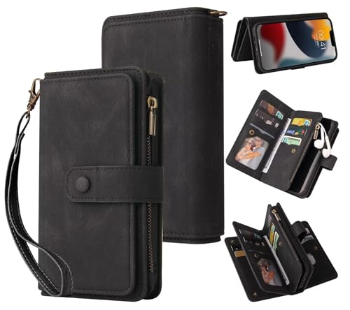 Belzsxy Handyhülle für Samsung Galaxy A36 Hülle,Flip Case Lederhülle Reißverschluss Magnetverschluss Brieftasche mit 15 Kartenfächern Standfuntion Retro Ledertasche-Schwarz von Belzsxy