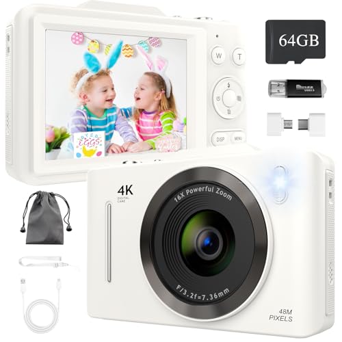 64GB Digitalkamera für Kinder, 4K 48MP Digitalkameras Kompaktkamera mit 16X Digitalzoom, 2,8 Zoll Großbildschirm, Autofokus Digitalkamera Tragbare Mini Kamera für Teenager, Kinder, Anfänger von Bemkia