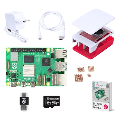 BerryBase Raspberry Pi 5 8GB Starter Kit; 128GB microSD; 27W USB-C Netzteil; Raspberry Pi 5 Gehäuse mit Lüfter; 4-teiliges Kupfer-Kühlkörper-Set; 4K Micro HDMI Kabel 1m; 2-in-1 SD Kartenleser von BerryBase