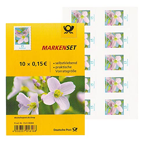 10 Stück 0,15 EUR postfrische selbstklebende Briefmarken + Gutsch. | Frankaturware Markenset (Motiv Wiesenschaumkraut) von BestPlug Deutsche Post