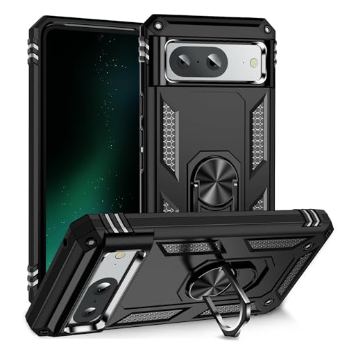 BestST Hülle für Google Pixel 8 Cover + HD schutzfolie, Armor Stoßfest TPU PC Schutzhülle Ringhalter Handytasche Case Handy Hüllen, Schwarz von BestST