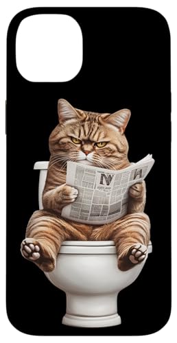 Hülle für iPhone 14 Plus Lustige Katze auf Toilette mit Zeitung Funny Cat Klo Katzen von Besten Tier Motive aller Art - Kunstwerk AnimalArt