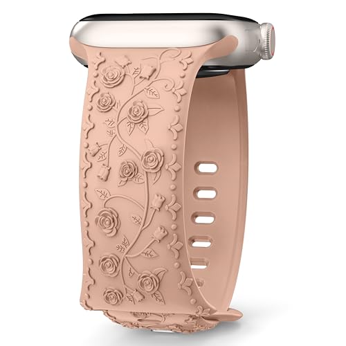 Bestsellerband Floral Gravierte Armband kompatibel mit Apple Watch Armband 40mm 44mm 41mm 38mm 45mm 42mm 49mm für Damen,Weiches Silikon Sportarmband für iWatch Serie 9 8 7 6 SE 5 4 3 2 1 Ultra von Bestsellerband