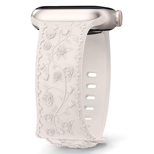 Bestsellerband Floral Gravierte Armband kompatibel mit Apple Watch Armband 40mm 44mm 41mm 38mm 45mm 42mm 49mm für Damen,Weiches Silikon Sportarmband für iWatch Serie 9 8 7 6 SE 5 4 3 2 1 Ultra von Bestsellerband