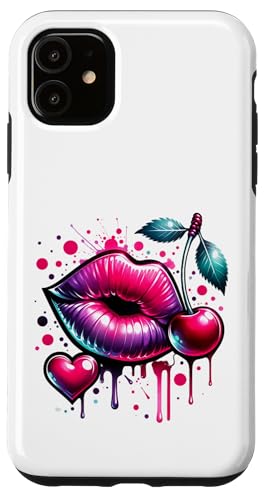 Hülle für iPhone 11 Kirsche mit rosa Lippen, Herzen und tropfender Farbe von BethanyGrace