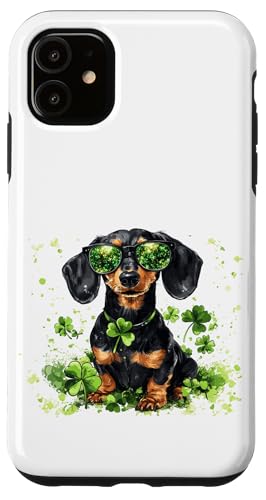 Hülle für iPhone 11 Sonnenbrille, Motiv: Dackel, St. Patricks Day, Kleeblatt, Schwarz / Hellbraun von BethanyGrace