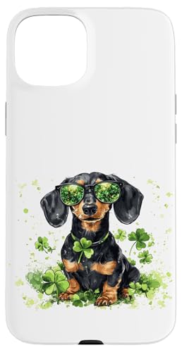 Hülle für iPhone 15 Plus Sonnenbrille, Motiv: Dackel, St. Patricks Day, Kleeblatt, Schwarz / Hellbraun von BethanyGrace