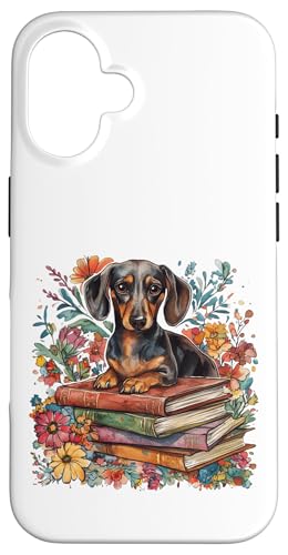 Hülle für iPhone 16 Buchliebhaber Dackel Weinger Hund Aquarell Blumen Stapel von BethanyGrace