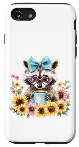 Hülle für iPhone SE (2020) / 7 / 8 Süße Waschbär-Kaffee-Sonnenblumen-Gläser mit blauer Kokette und Schleife von BethanyGrace