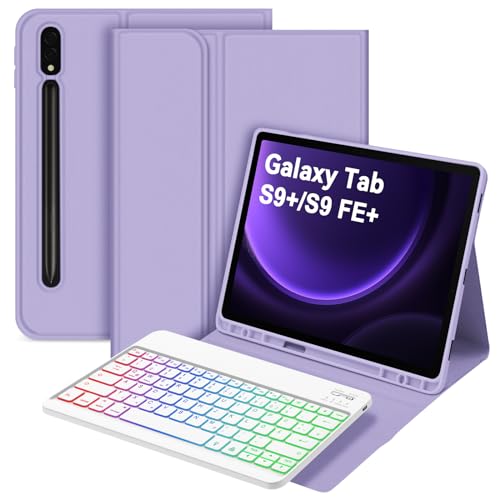 Bettdow für Samsung Galaxy Tab S9 FE+/S9+ Tastatur Hülle, QWERTZ Layout Abnehmbarer Beleuchtete Tastatur mit Hülle für Tab S10+/S9 Plus/ S9 FE Plus 12.4" SM-X820/X826B/X810/X816B/X610/X616B, Lila von Bettdow