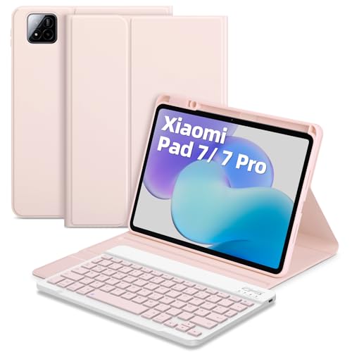 Bettdow für Xiaomi Pad 7 11.2" 2024 Tastatur Hülle, Deutsch QWERTZ Layout Abnehmbarer Beleuchtete Tastatur, Hülle mit Stifthalter für Xiaomi Pad 7/ Pad 7 Pro 11.2 Zoll 2024, Rosa von Bettdow