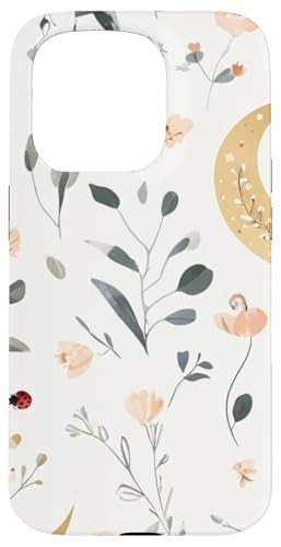 Hülle für iPhone 15 Pro Skurriles Boho-Aquarell-Wildblumen-Design mit Mond und Insekten von Better You Tees Etc.