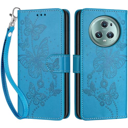 Betunistoy Handyhülle für Honor Magic 5 Pro Hülle, PU Leder Eleganter Prägung Schutzhülle mit Kartenfach, Flip Case Klappbar Stoßfeste Hülle für Honor Magic5 Pro (Schmetterling-Blau) von Betunistoy