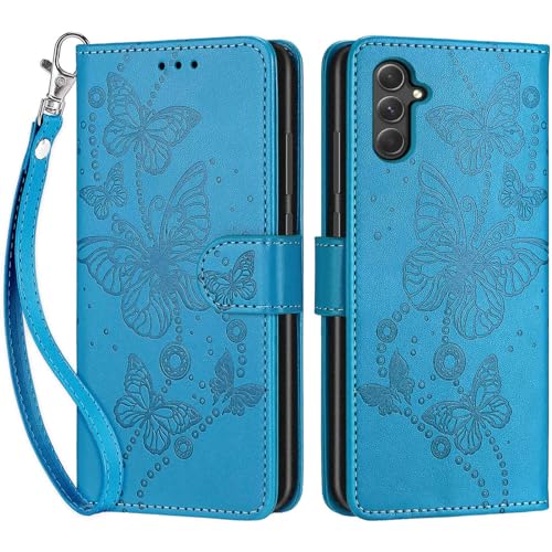 Betunistoy Handyhülle für Samsung Galaxy A54 5G Hülle, PU Leder Eleganter Prägung Schutzhülle mit Kartenfach, Flip Case Klappbar Stoßfeste Hülle für Samsung A54 5G (Schmetterling-Blau) von Betunistoy