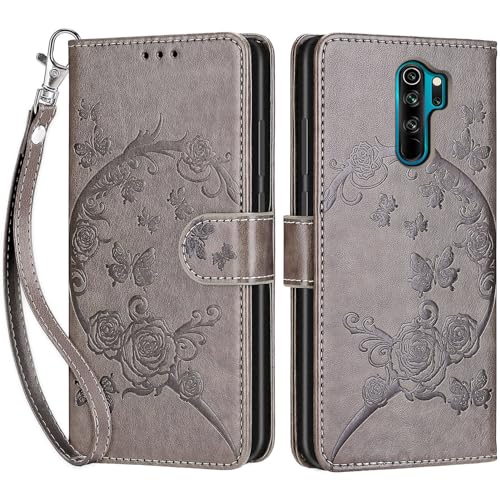 Betunistoy Handyhülle für Xiaomi Redmi Note 8 Pro Hülle, PU Leder Eleganter Prägung Schutzhülle mit Kartenfach, Flip Case Klappbar Stoßfeste Hülle für Redmi Note 8 Pro (Schmetterling-Grau) von Betunistoy