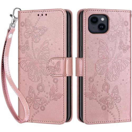 Betunistoy Handyhülle für iPhone 15 Plus 6,7 Zoll Hülle, PU Leder Eleganter Prägung Schutzhülle mit Kartenfach, Flip Case Klappbar Stoßfeste Hülle für iPhone 15 Plus (Schmetterling-Roségold) von Betunistoy