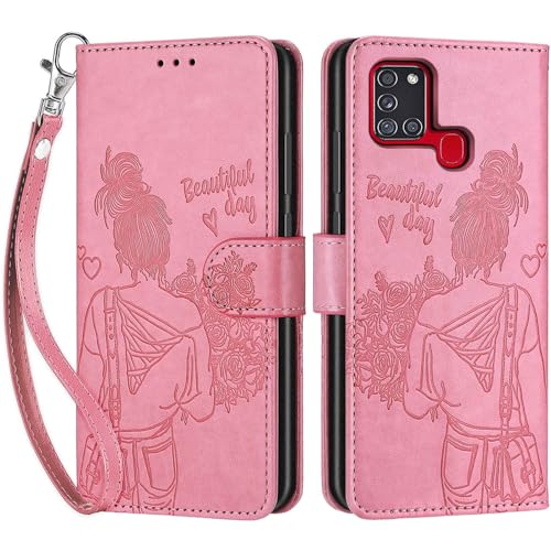 Handyhülle für Samsung Galaxy A21s Hülle, PU Leder Eleganter Prägung Schutzhülle mit Kartenfach, Flip Case Klappbar Stoßfeste Hülle für Samsung A21s (Rosa) von Betunistoy