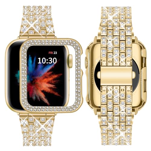 Beutirer Kompatibel mit Apple Watch ArmBand 41mm + Hülle, Damenschmuck Bling Diamant Strass Ersatz Metallarmband PC Schutzhülle für iWatch Band Serie 9/8/7 (41mm Gold) von Beutirer