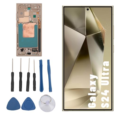 Bewinner 6,8-Zoll Bildschirmersatz für Galaxy S24 Ultra, Organisches LED-Display, Touchscreen Digitizer Baugruppe mit Rahmen, Fingerabdruckfunktion und Reparaturwerkzeugen (Gold) von Bewinner