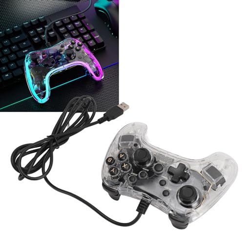 Bewinner Kabelgebundener Gaming-Controller, PC-Game-Controller-Joystick mit Dual-Vibration-Turbo, 6-Achsen-Gyroskop-RGB-Licht, Transparentes Gamepad für PS3-PC von Bewinner