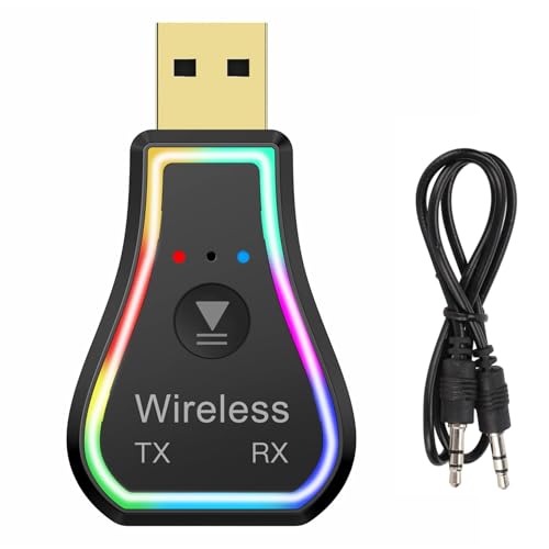 Bewinner USB Bluetooth 5.0 Sender Empfänger, 2 in 1 Wireless Audio Adapter, RGB LED Bluetooth AUX Adapter für TV PC Kopfhörer Lautsprecher Auto Stereoanlage von Bewinner