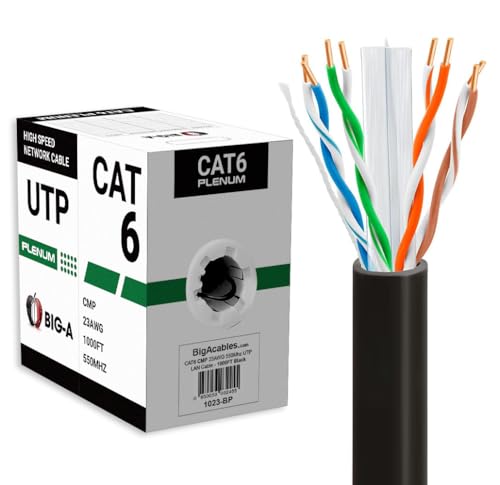 Big-A Plenum Cat 6 Ethernet-Kabel, 305 m, Cat6-Kabel (CMP), 550 MHz, Bulk Ethernet-Kabel, ungeschirmt, Twisted Pair (UTP), 10 Gigabit, solides Netzwerkkabel, Schwarz von Big-A