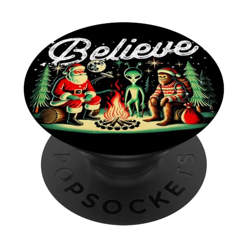 Santa Bigfoot und Alien Sat Around a Fire at Camp, Weihnachten PopSockets Klebender PopGrip von Bigfoot, Alien UFO Cryptid Monster Fairy Unicorn