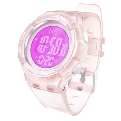 Bigmeda Uhren für Kinder Mädchen Jungen 50 M Wasserdicht Sports Outdoor Digitaluhr Kinder Armbanduhr mit Wecker/Stoppuhr/EL-backLicht/Datum (GD-Transparent Rosa) von Bigmeda