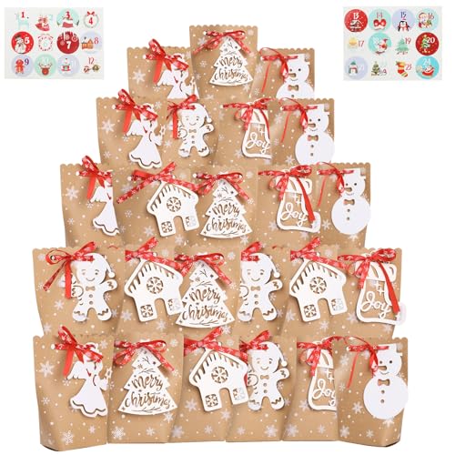 Bigqin 24 Stück Weihnachten Geschenkboxen, Geschenktüten Kraftpapier Tüten mit Weihnachtsanhänger und Bänder, Süßigkeitenbox für Weihnachts Geschenk - 9 x 6.5 x 18cm von Bigqin