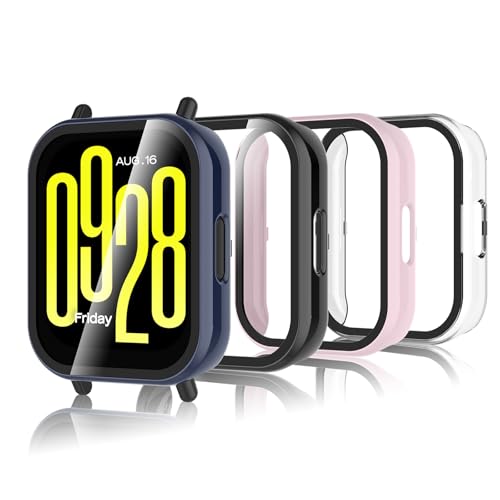 Bigqin 4 Stück Schutzhülle Kompatibel mit Xiaomi Redmi Watch 5 Active, Hart PC Hülle mit Displayschutzfolie, HD Case Cover mit gehärtetem Glas - Rosa/Schwarz/Blau/Transparent von Bigqin