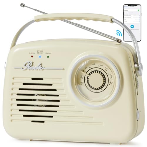 Radios Portable Am Fm, Kleine Retro Vintage Radio Bluetooth, AA-Batterie betriebene Radio oder Stecker in der Wand, Unterstützung SD-Karte AUX USB MP3-Player für Haus/Outdoor (White) von Bingxue