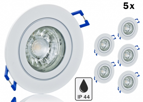 5er Feuchtraum LED Einbaustrahler Set IP44 Wei? rund mit Marken GU10 LED Spot Bioledex Helso 3 Watt COB von Bioledex