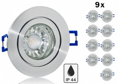 9er Feuchtraum LED Einbaustrahler Set IP44 Aluminium Feinschliff rund mit Marken GU10 LED Spot Bioledex Helso 3 Watt COB von Bioledex