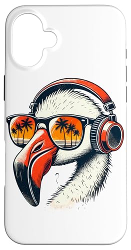 Hülle für iPhone 16 Plus Retro Sunset Flamingo Sonnenbrille Kopfhörer Flamingos von Bird Animal Lover Gifts