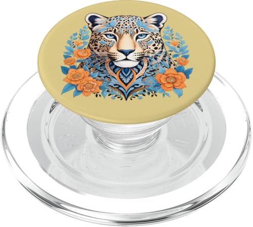 Boho Leopard mit blauen und orangen Blumen Natur Design PopSockets PopGrip für MagSafe von Birdsnstuff (Anjeanette Hail)