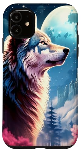 Hülle für iPhone 11 Ein atemberaubender weißer Wolf im magischen Wald, der auf dem Mond heult von Birdsnstuff (Anjeanette Hail)