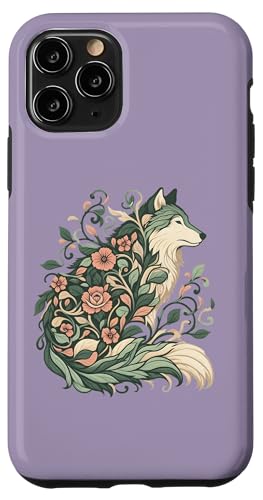 Hülle für iPhone 11 Pro Botanisches Wolf-Design mit Blumenranken und weichen Farben von Birdsnstuff (Anjeanette Hail)